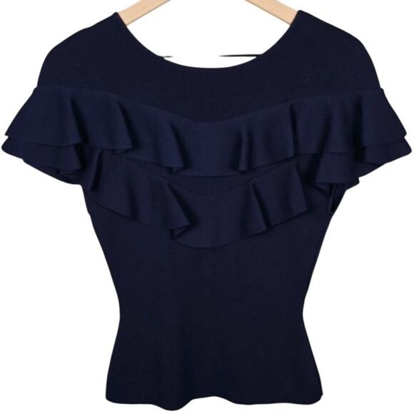 Sachin & Babi Vania Top Size XS Ribbed Ruffle Knit Navy Blue Blouse - Picture 3 of 5